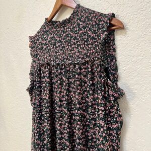 Maurices Black Floral Smocked Mock Neck‎ Ruffle Sleeveless Dress XL Bohemian